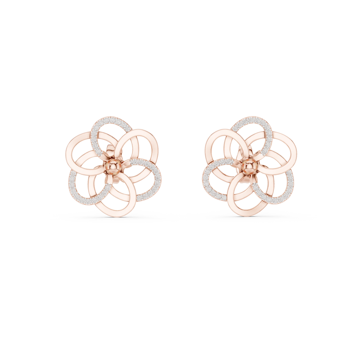 Open Five Loop Flower Moissanite Stud Earrings in rose 925 sterling silver, view 4