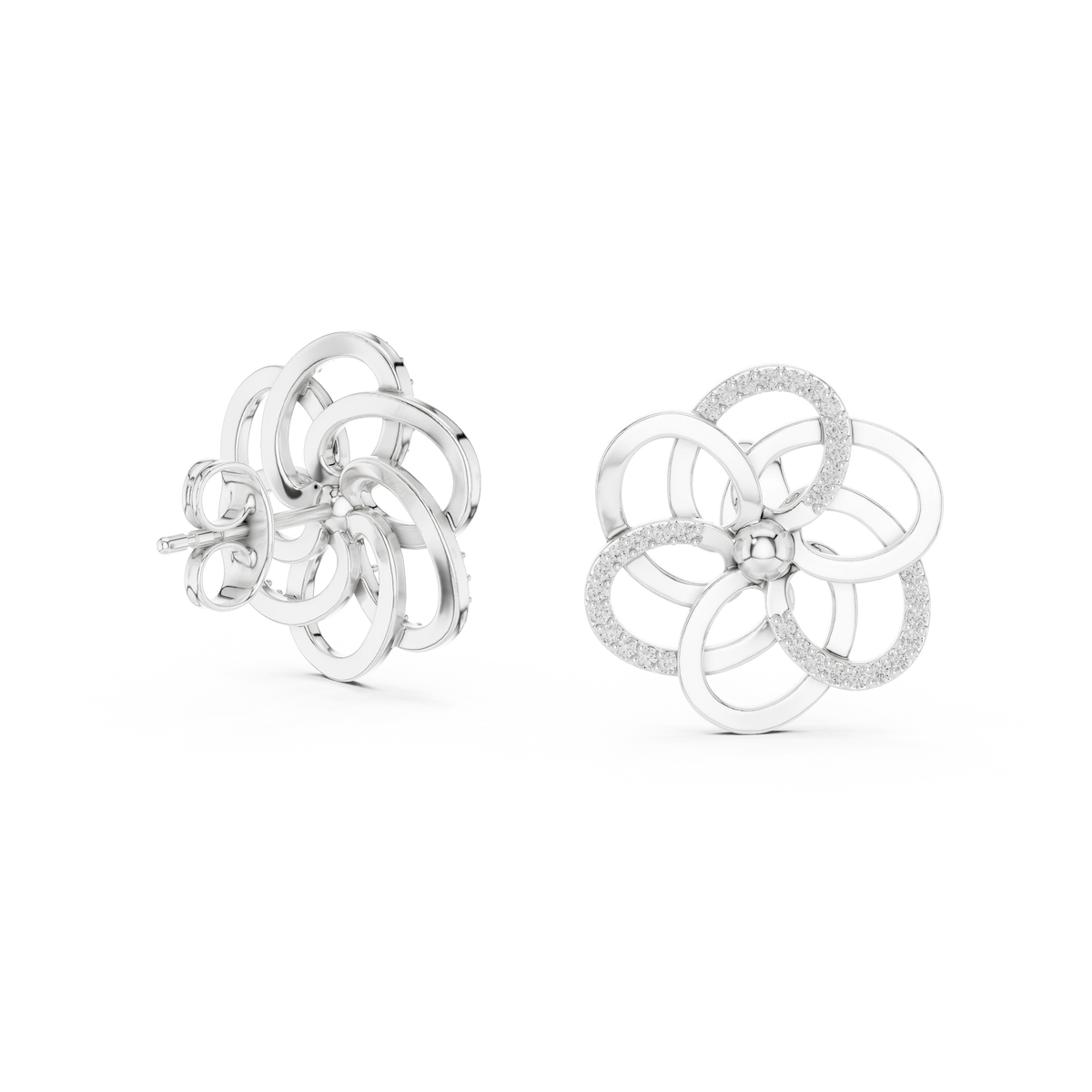Open Five Loop Flower Moissanite Stud Earrings in white 925 sterling silver, view 1