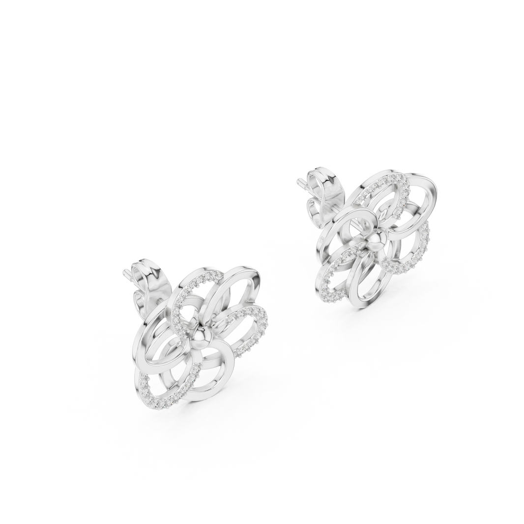 Open Five Loop Flower Moissanite Stud Earrings in white 925 sterling silver, view 2