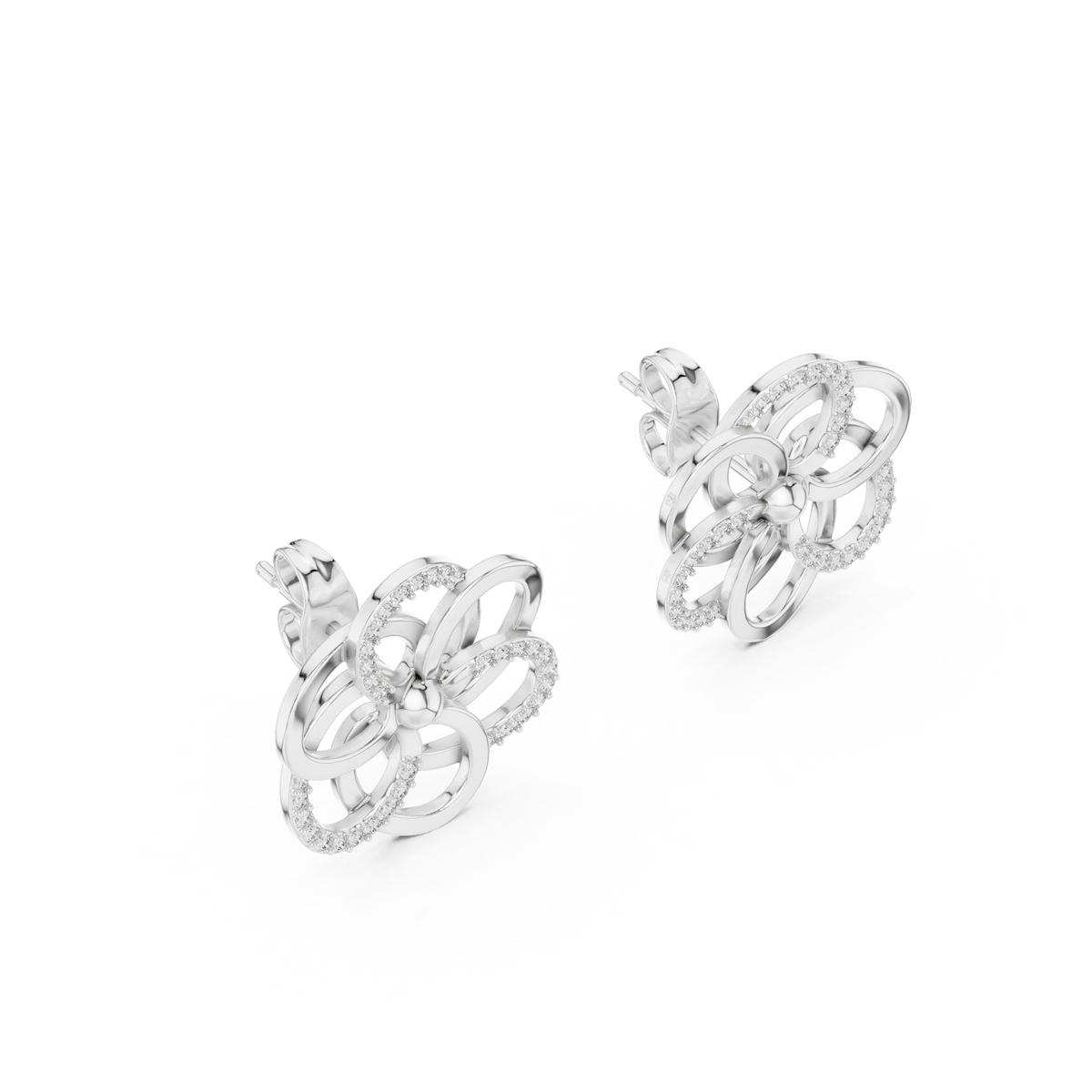 Open Five Loop Flower Moissanite Stud Earrings in white 925 sterling silver, view 2