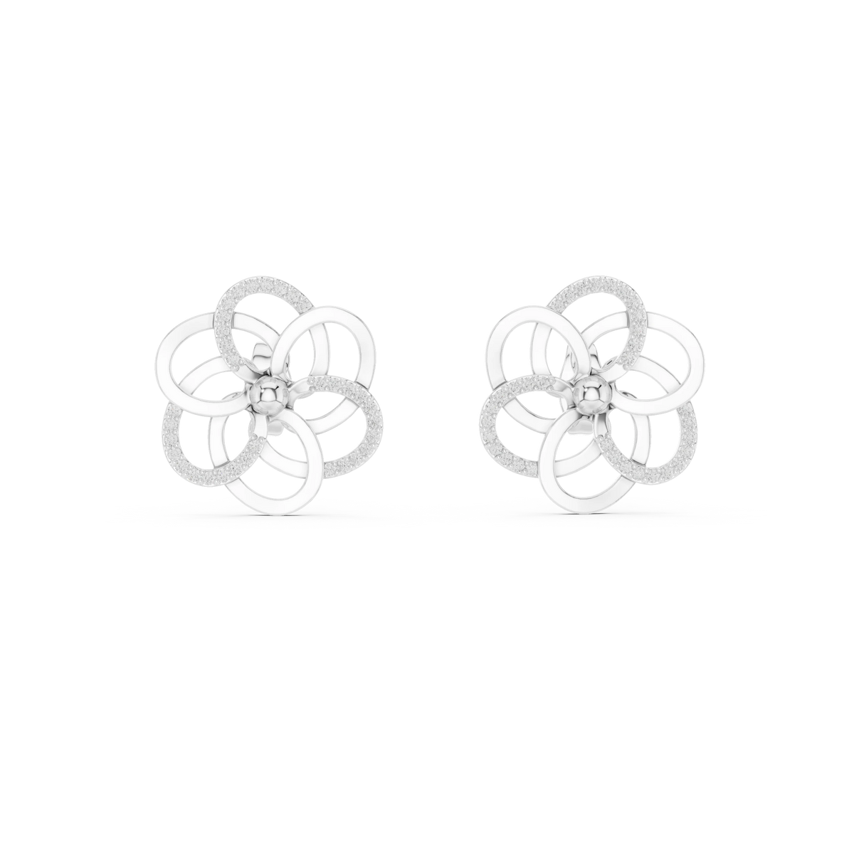 Open Five Loop Flower Moissanite Stud Earrings in white 925 sterling silver, view 4