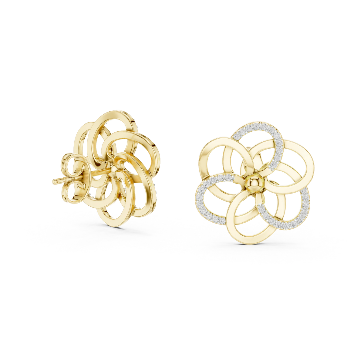 Open Five Loop Flower Moissanite Stud Earrings in yellow 925 sterling silver, view 1