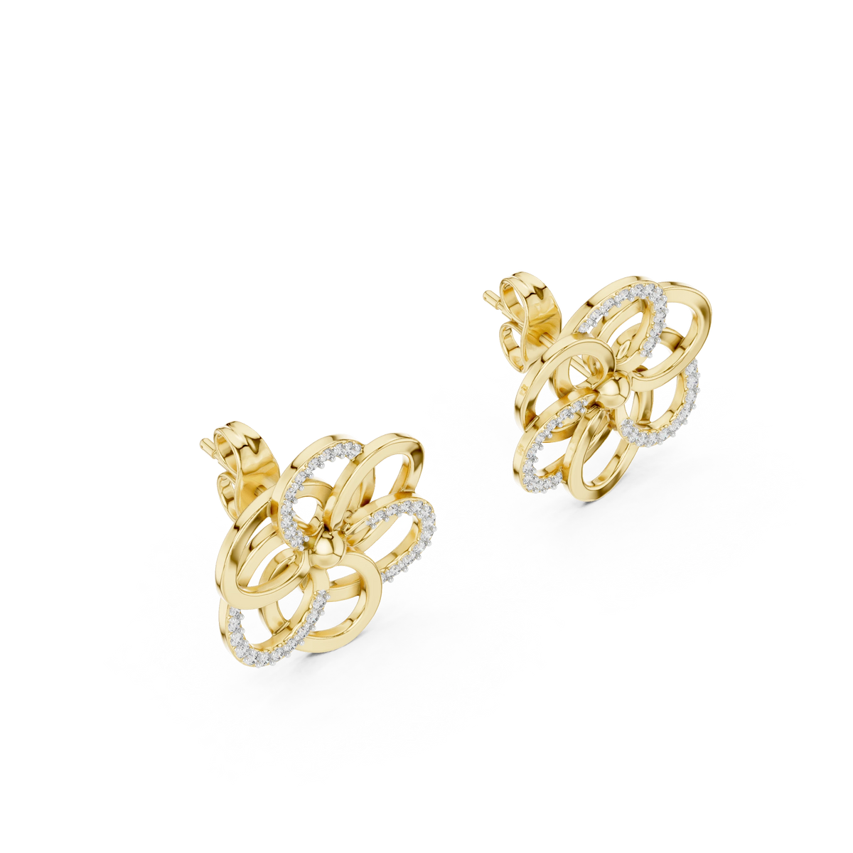 Open Five Loop Flower Moissanite Stud Earrings in yellow 925 sterling silver, view 2
