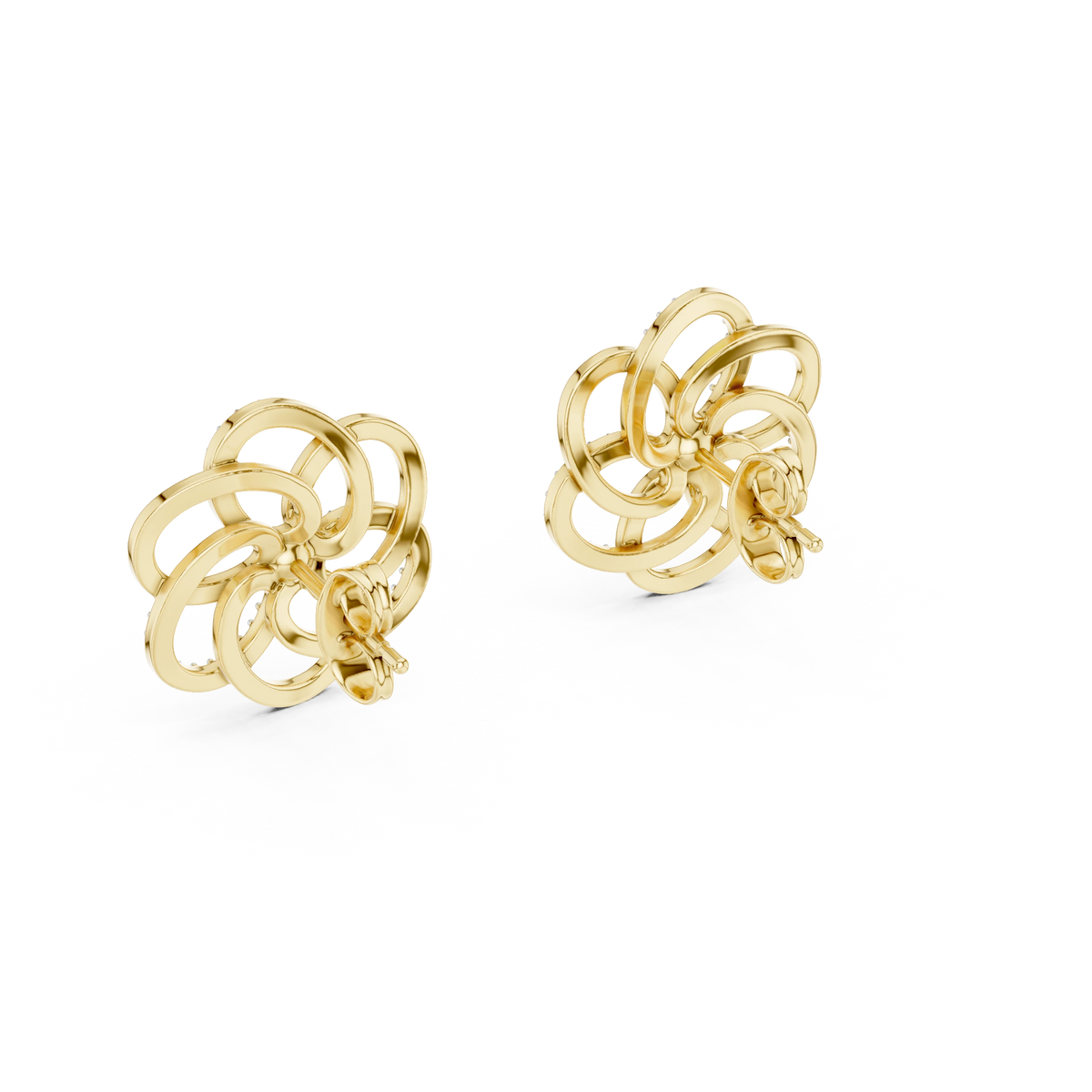 Open Five Loop Flower Moissanite Stud Earrings in yellow 925 sterling silver, view 3