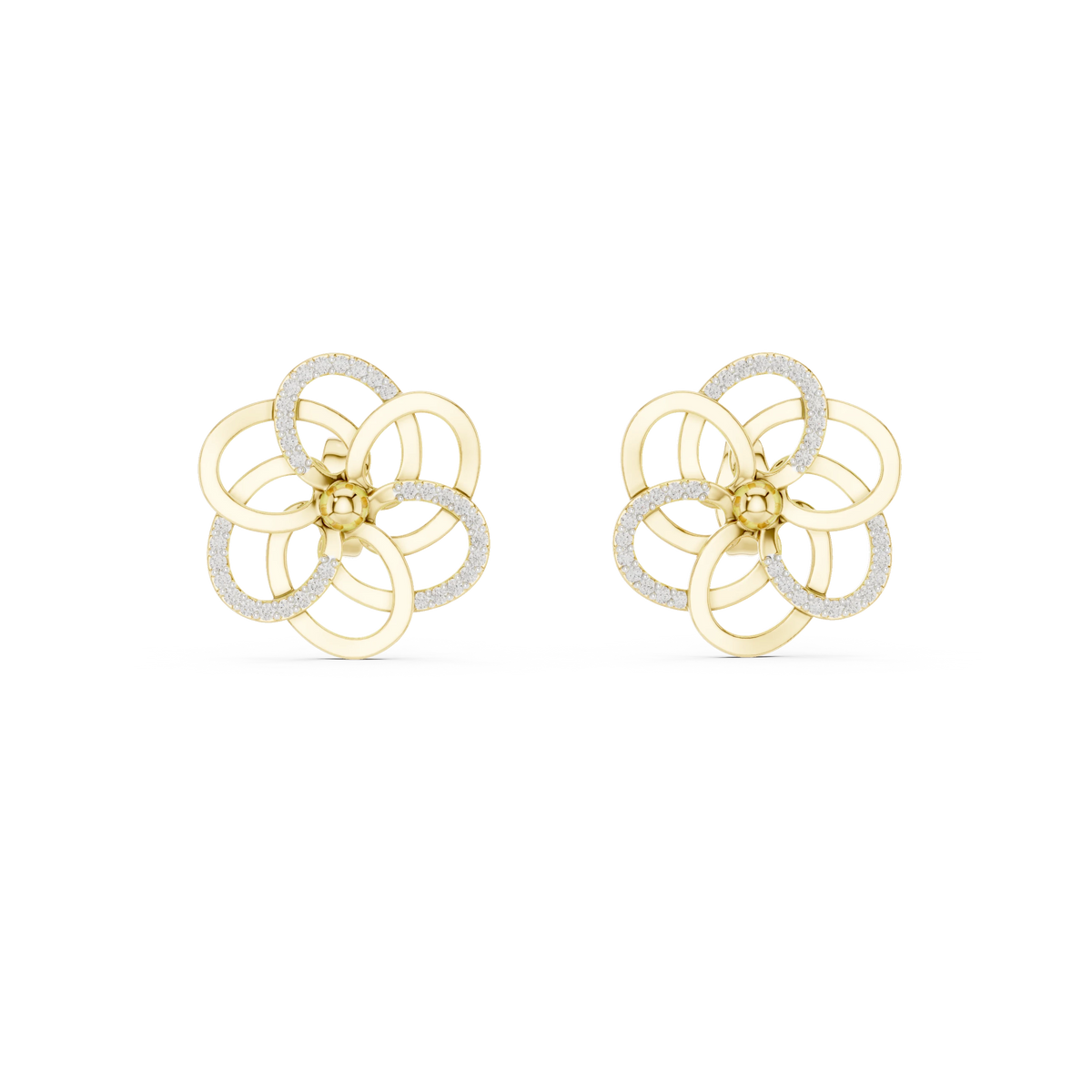 Open Five Loop Flower Moissanite Stud Earrings in yellow 925 sterling silver, view 4