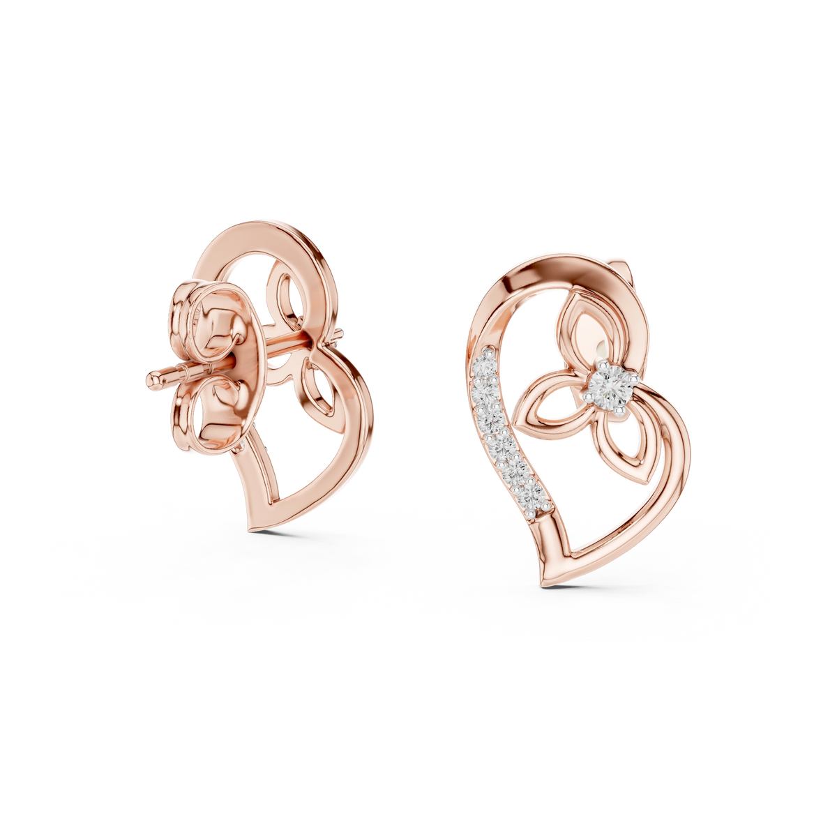 Open Heart and Flower Moissanite Stud Earrings in rose 925 sterling silver, view 1
