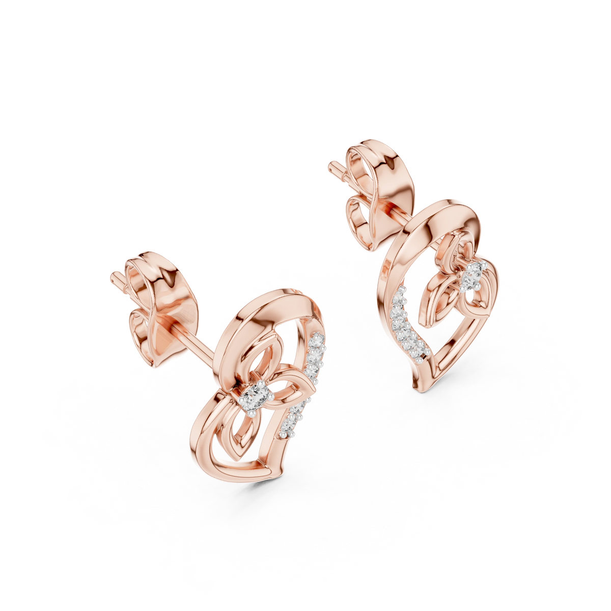 Open Heart and Flower Moissanite Stud Earrings in rose 925 sterling silver, view 2