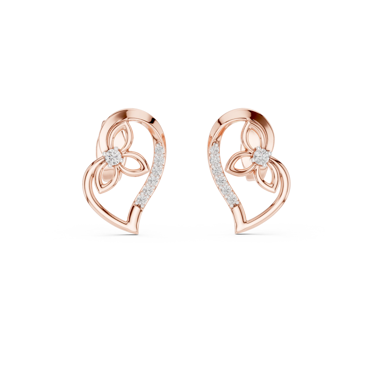 Open Heart and Flower Moissanite Stud Earrings in rose 925 sterling silver, view 4