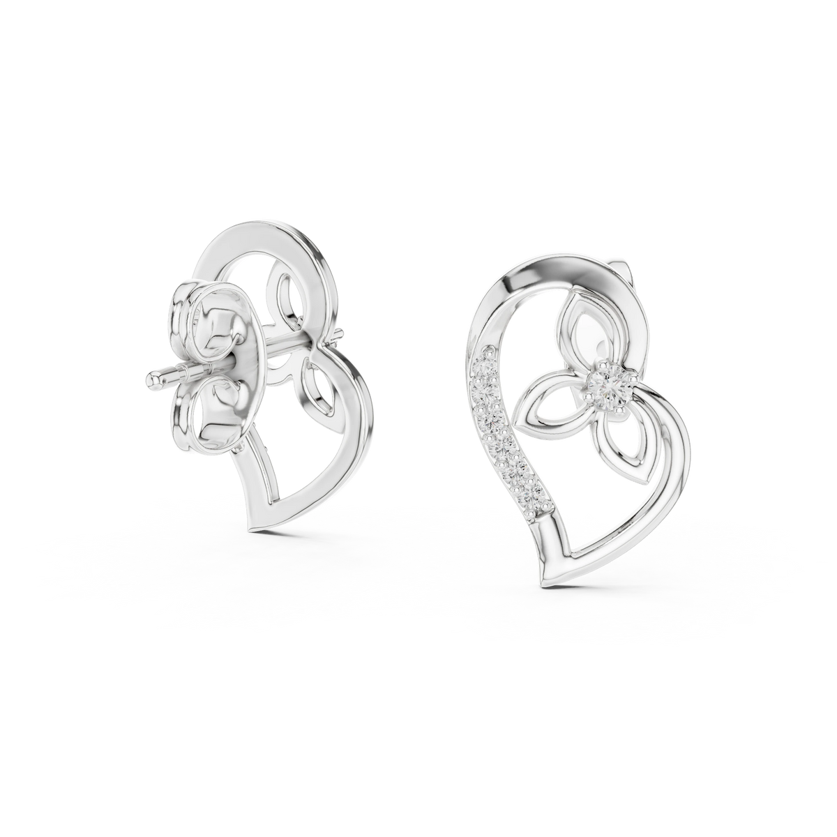 Open Heart and Flower Moissanite Stud Earrings in white 925 sterling silver, view 1