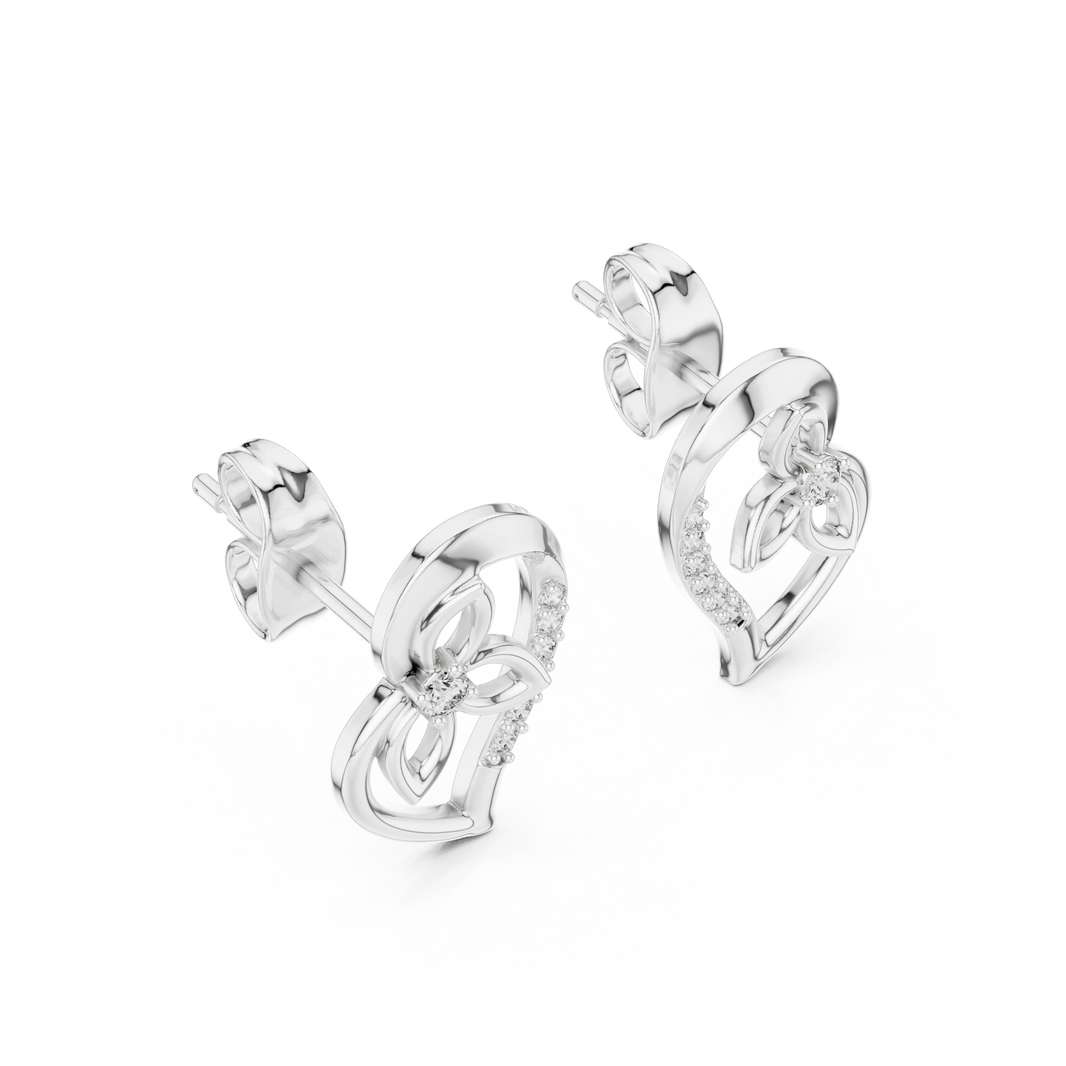 Open Heart and Flower Moissanite Stud Earrings in white 925 sterling silver, view 2