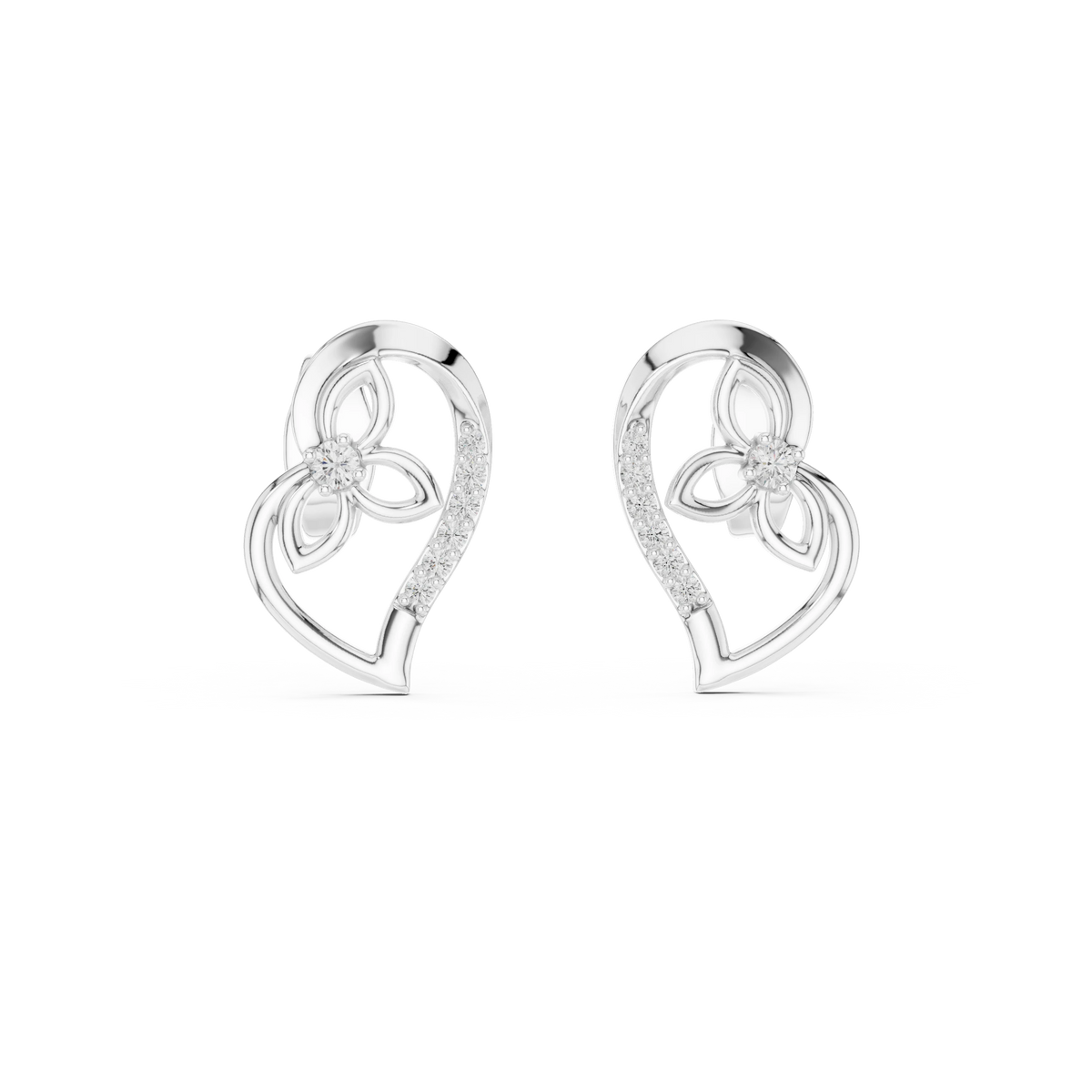 Open Heart and Flower Moissanite Stud Earrings in white 925 sterling silver, view 4
