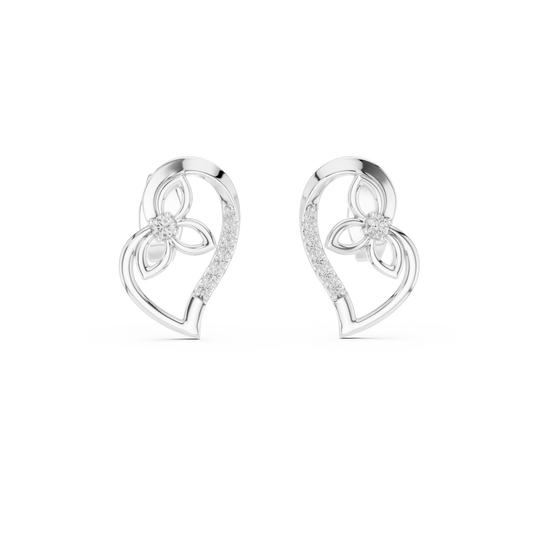 Open Heart and Flower Moissanite Stud Earrings in white 925 sterling silver, view 4