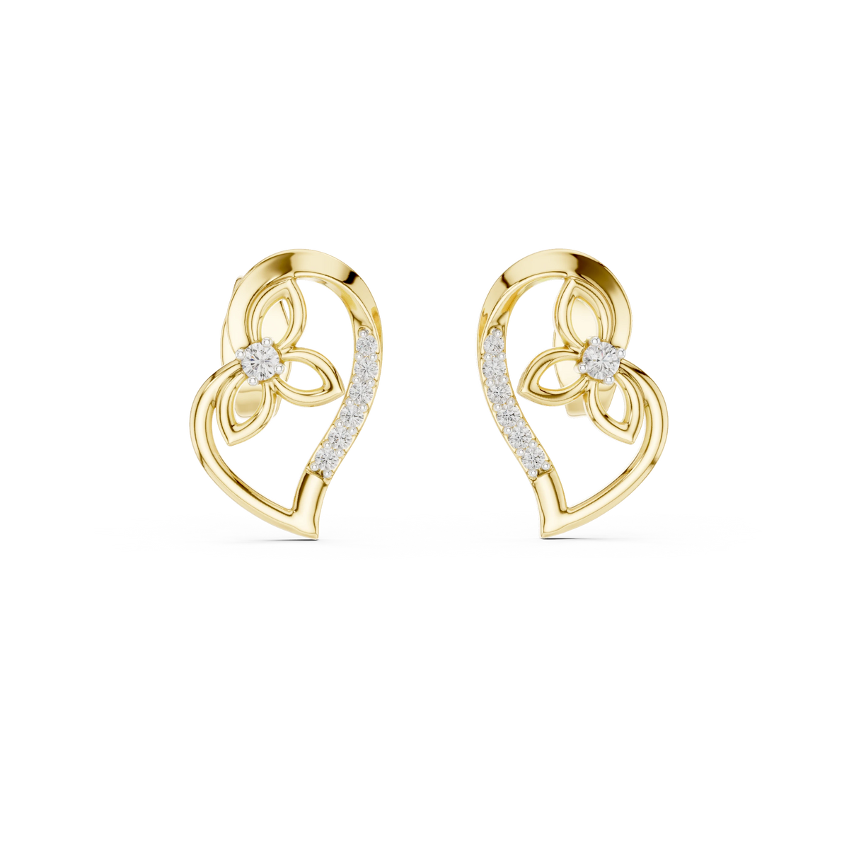 Open Heart and Flower Moissanite Stud Earrings in yellow 925 sterling silver, view 4