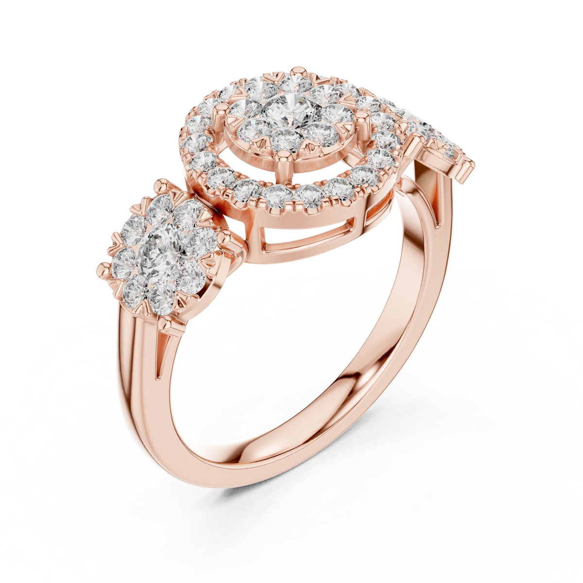 Three Cluster Halo Moissanite Ring in rose 925 sterling silver, view 2