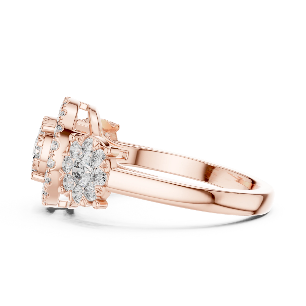 Three Cluster Halo Moissanite Ring in rose 925 sterling silver, view 3