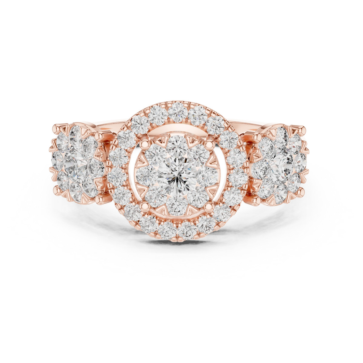 Three Cluster Halo Moissanite Ring in rose 925 sterling silver, view 4