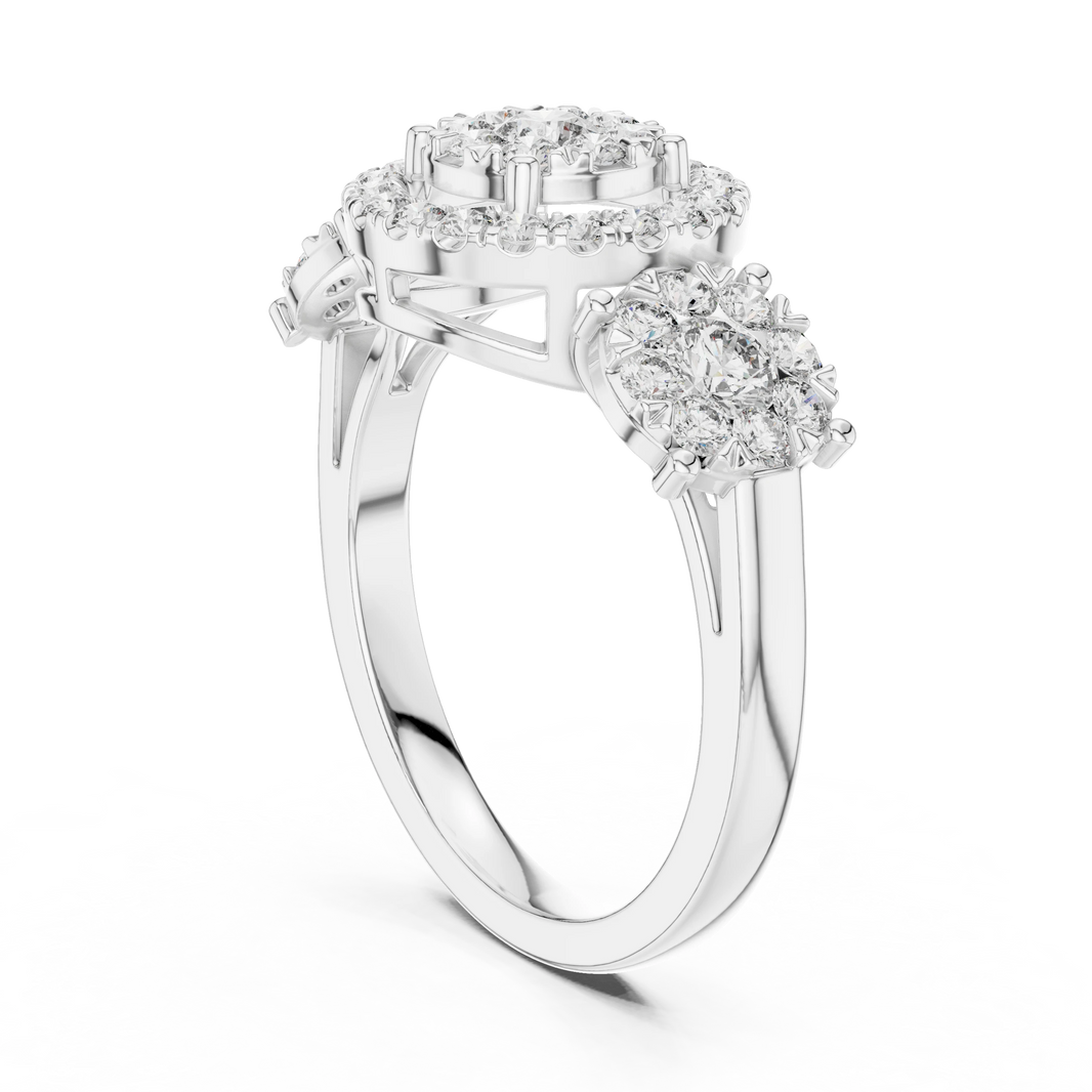 Three Cluster Halo Moissanite Ring in white 925 sterling silver, view 1