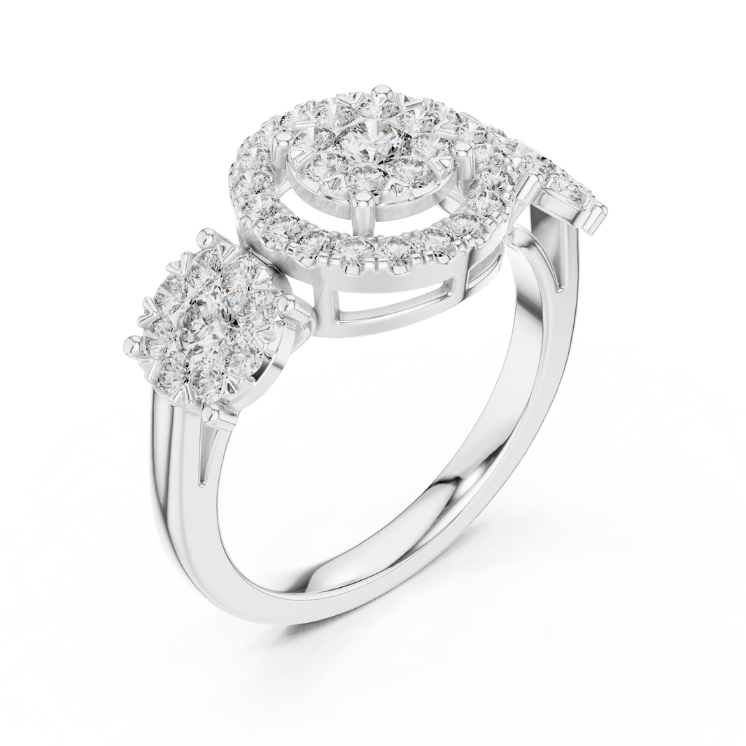 Three Cluster Halo Moissanite Ring in white 925 sterling silver, view 2