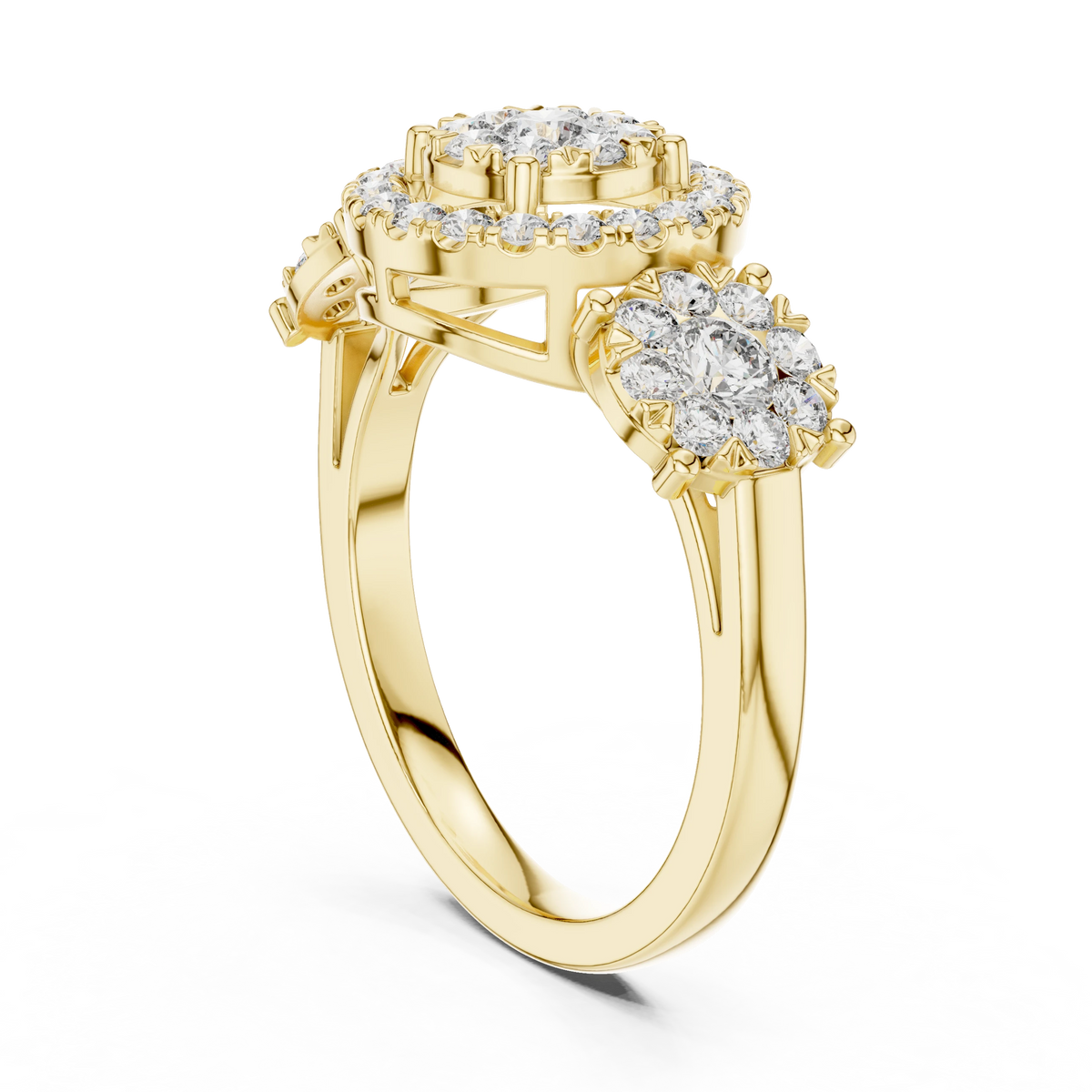 Three Cluster Halo Moissanite Ring in yellow 925 sterling silver, view 1