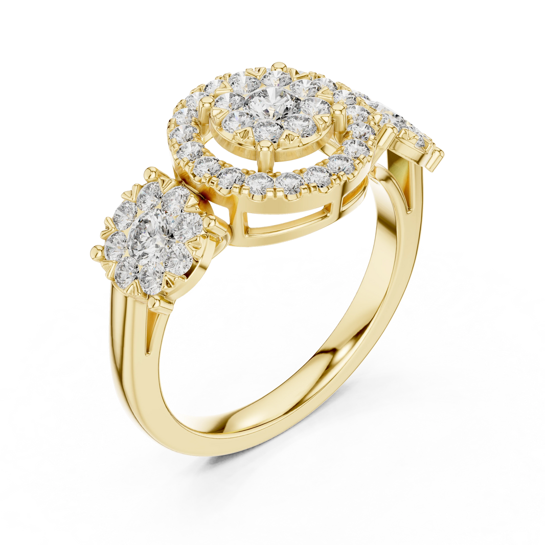 Three Cluster Halo Moissanite Ring in yellow 925 sterling silver, view 2