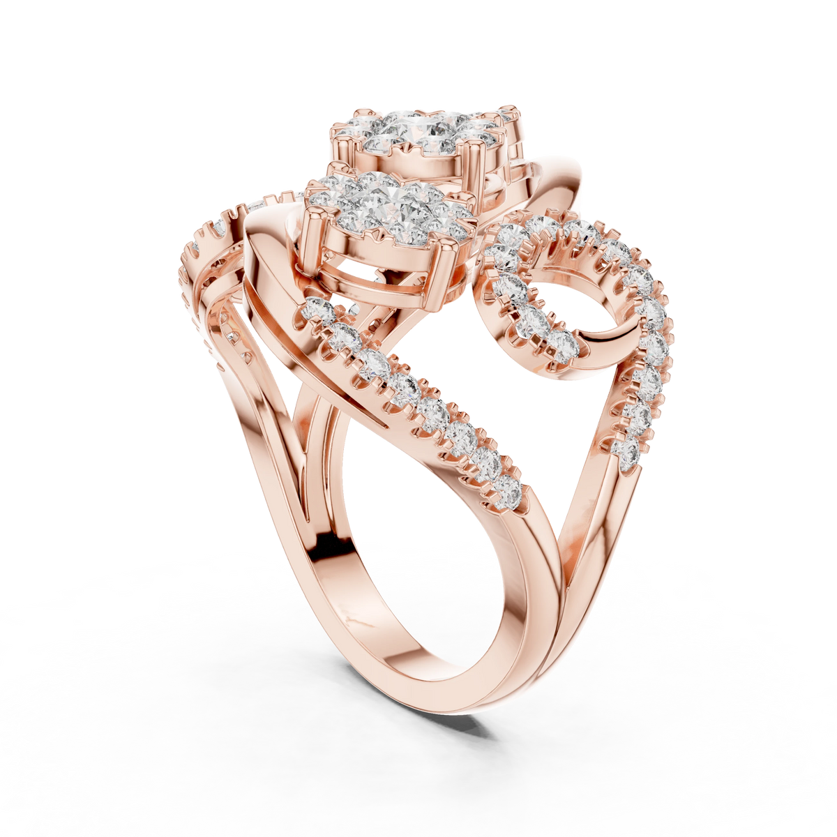Bypass Three Cluster Swirl Moissanite Ring in rose 925 sterling silver, view 1