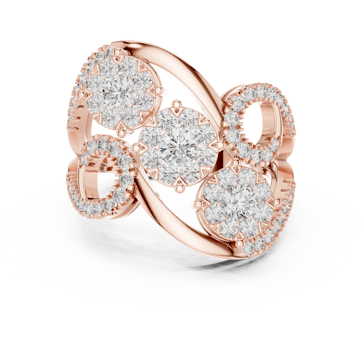 Bypass Three Cluster Swirl Moissanite Ring in rose 925 sterling silver, view 4