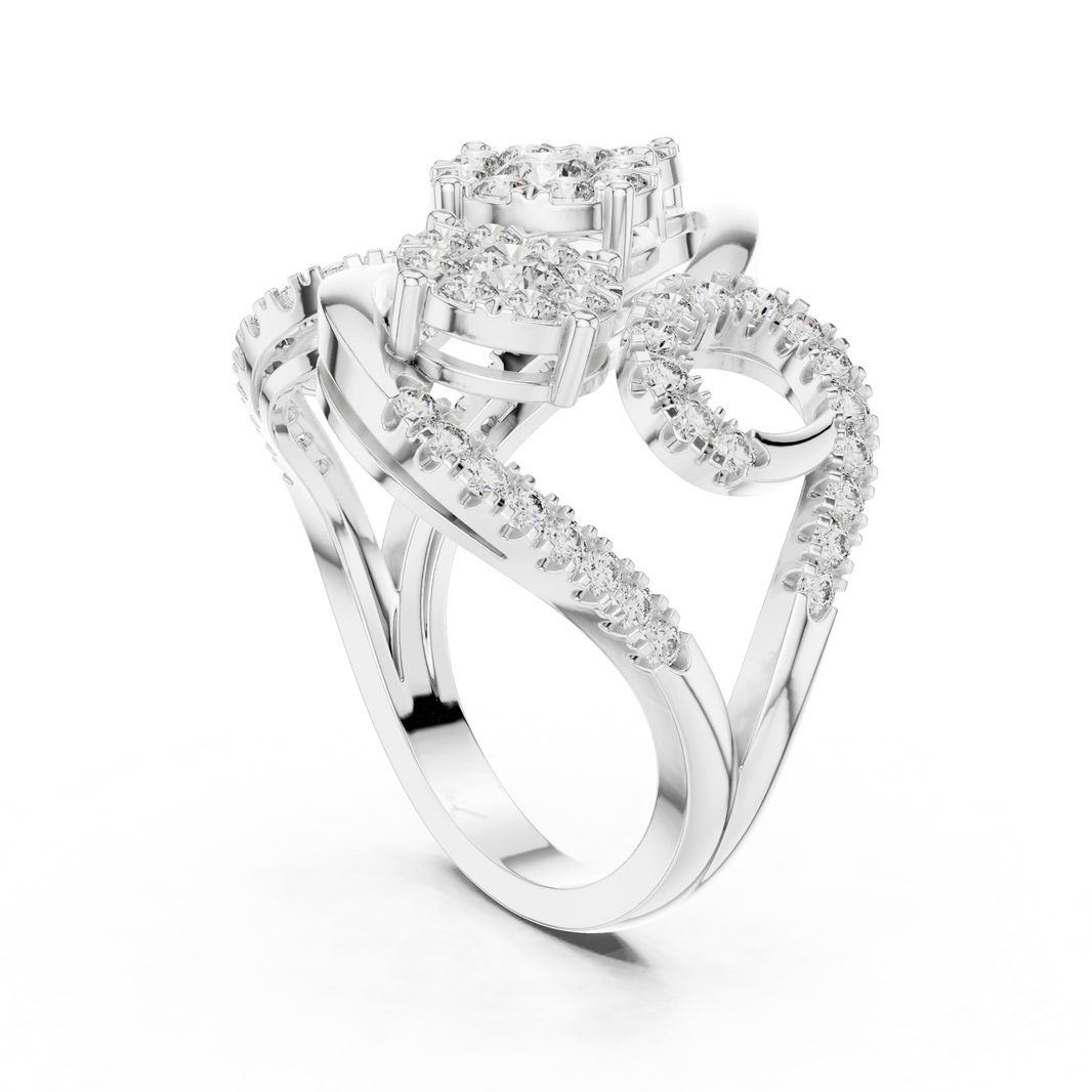 Bypass Three Cluster Swirl Moissanite Ring in white 925 sterling silver, view 1