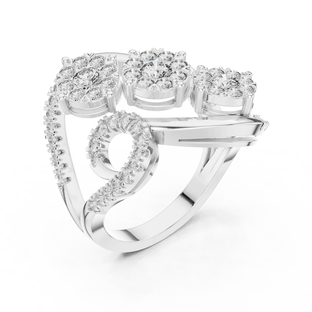 Bypass Three Cluster Swirl Moissanite Ring in white 925 sterling silver, view 2