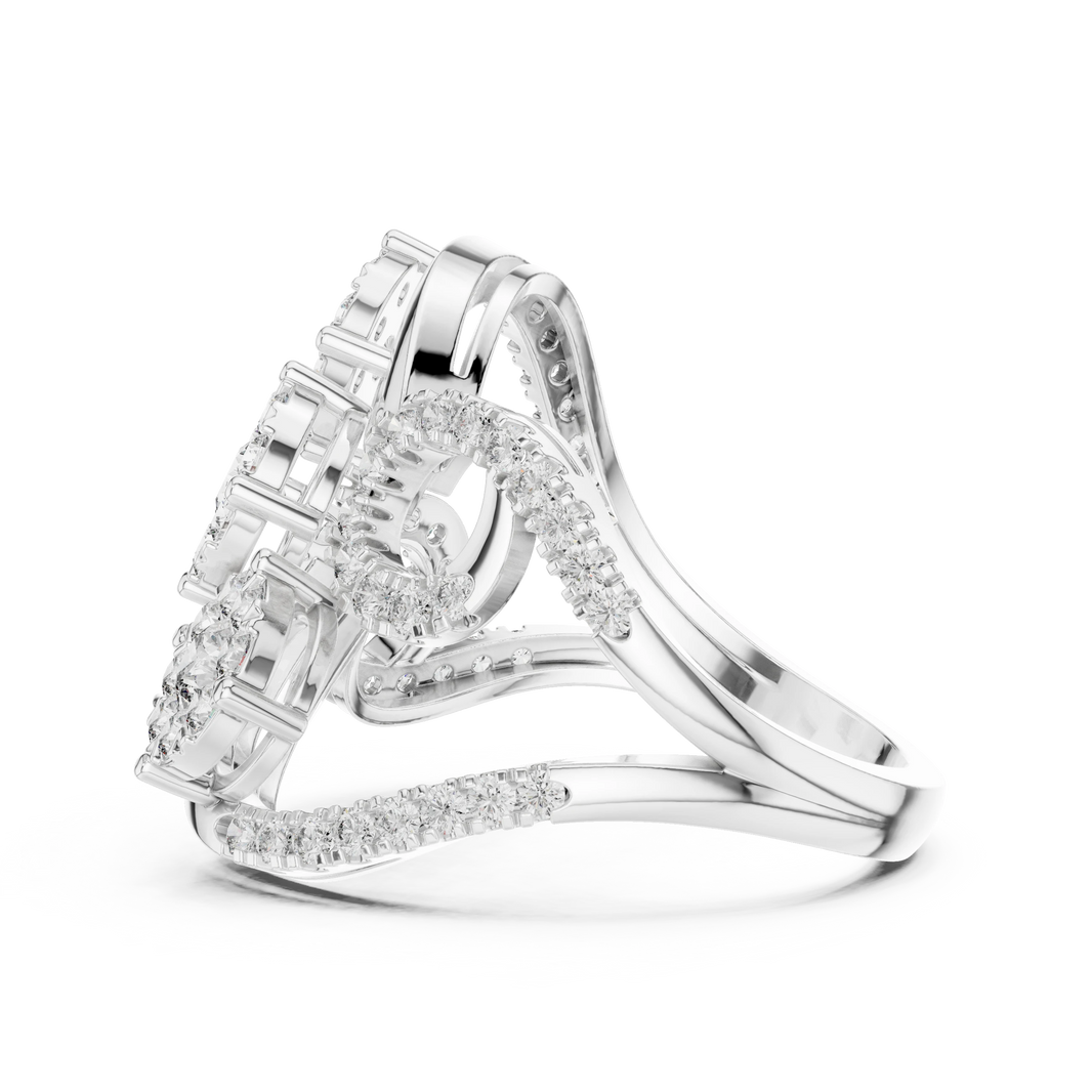 Bypass Three Cluster Swirl Moissanite Ring in white 925 sterling silver, view 3