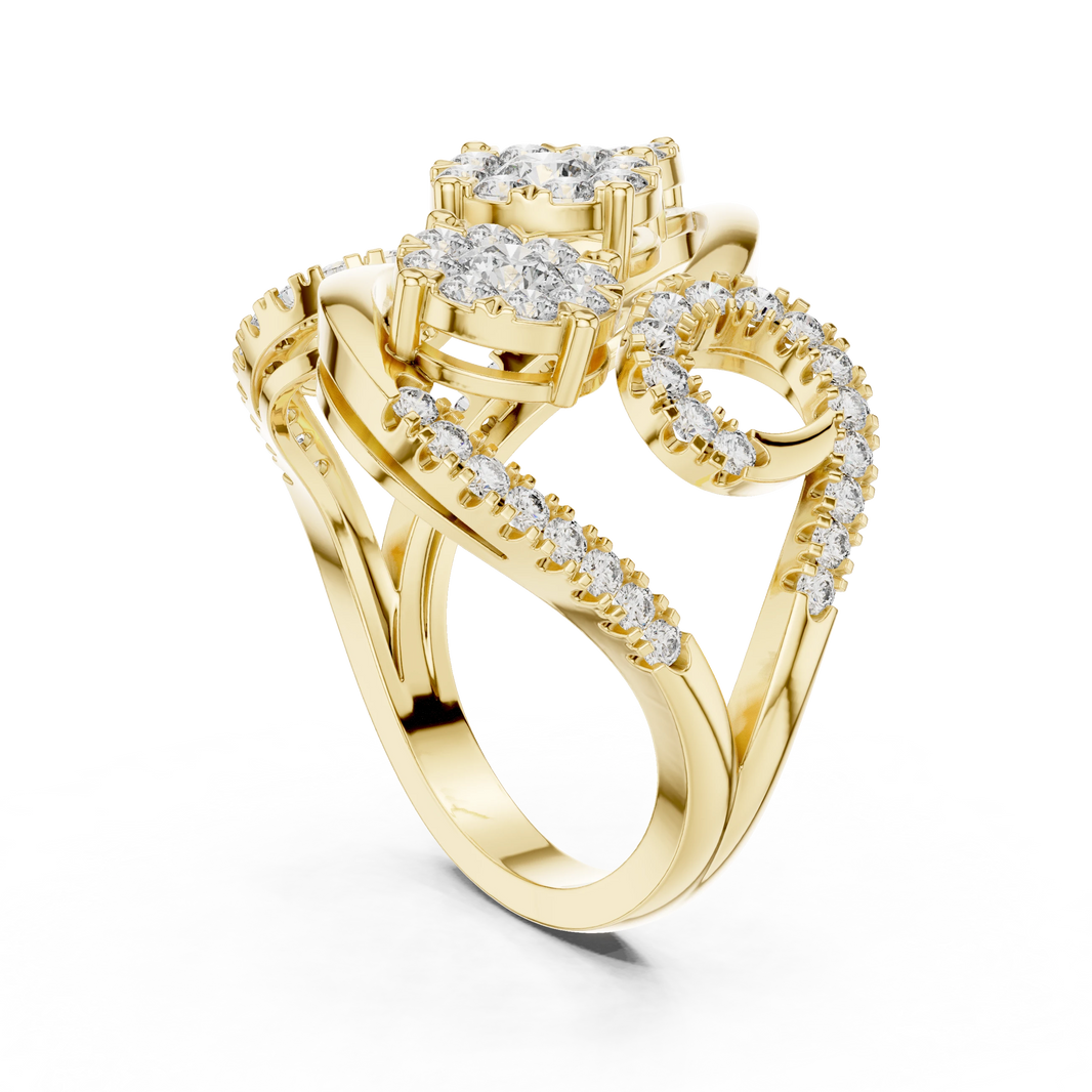 Bypass Three Cluster Swirl Moissanite Ring in yellow 925 sterling silver, view 1