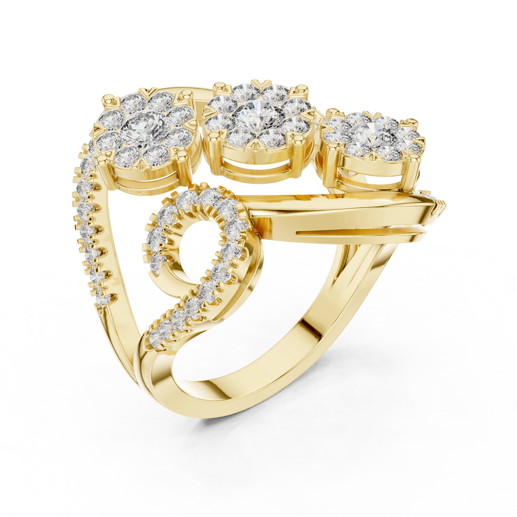 Bypass Three Cluster Swirl Moissanite Ring in yellow 925 sterling silver, view 2