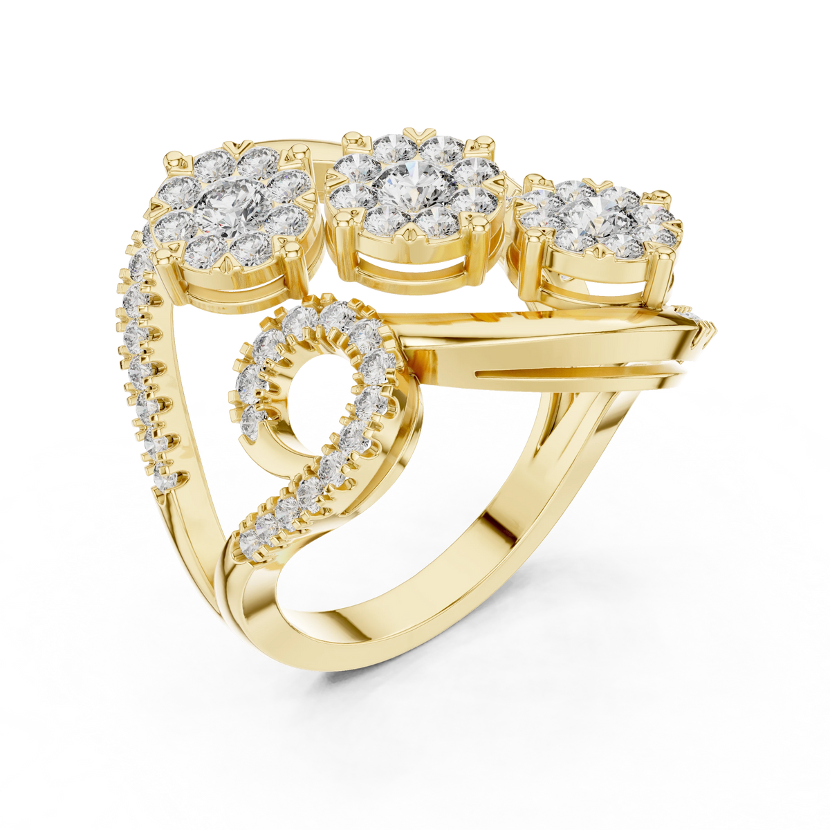 Bypass Three Cluster Swirl Moissanite Ring in yellow 925 sterling silver, view 2
