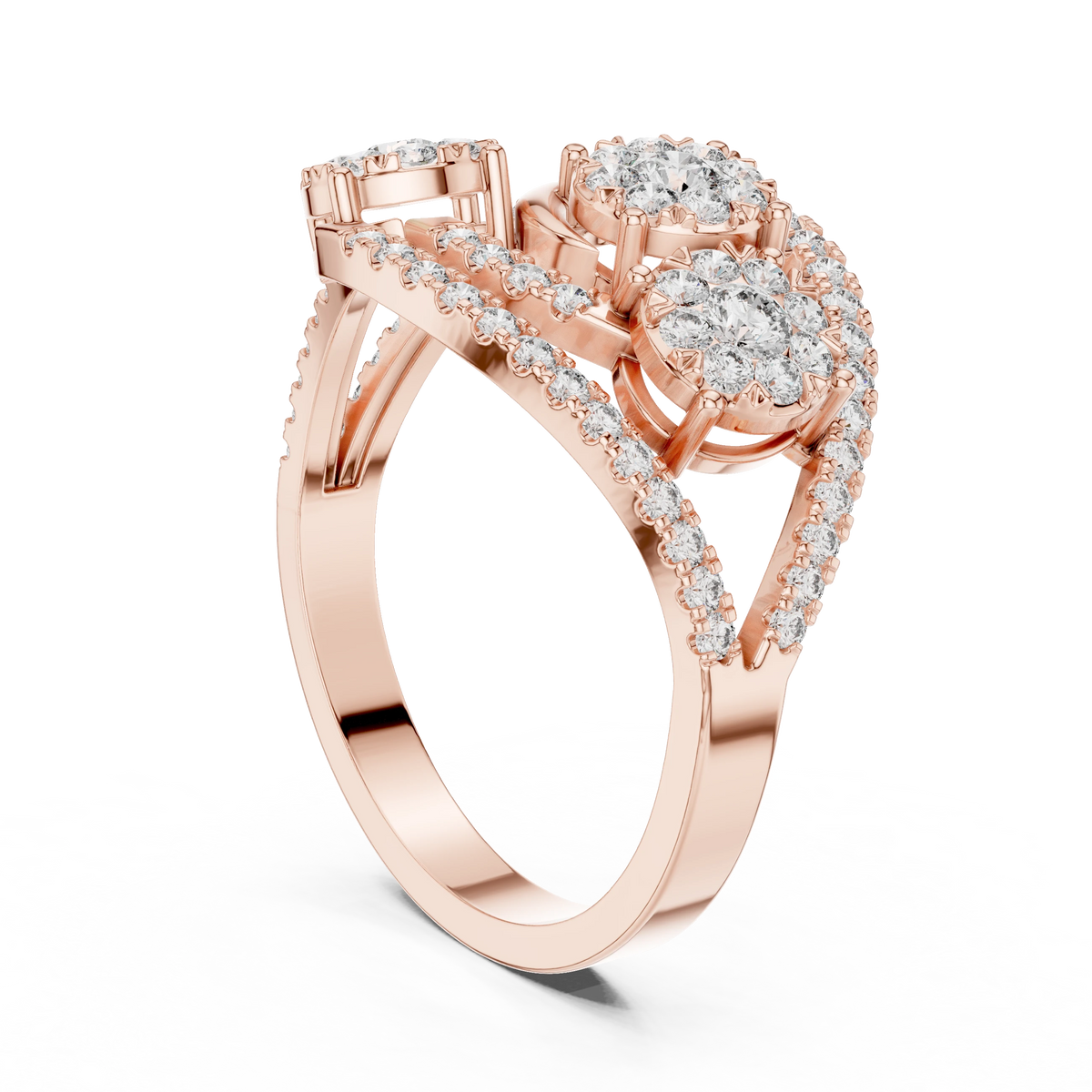 Bypass Three Cluster Pavé Moissanite Ring in rose 925 sterling silver, view 1