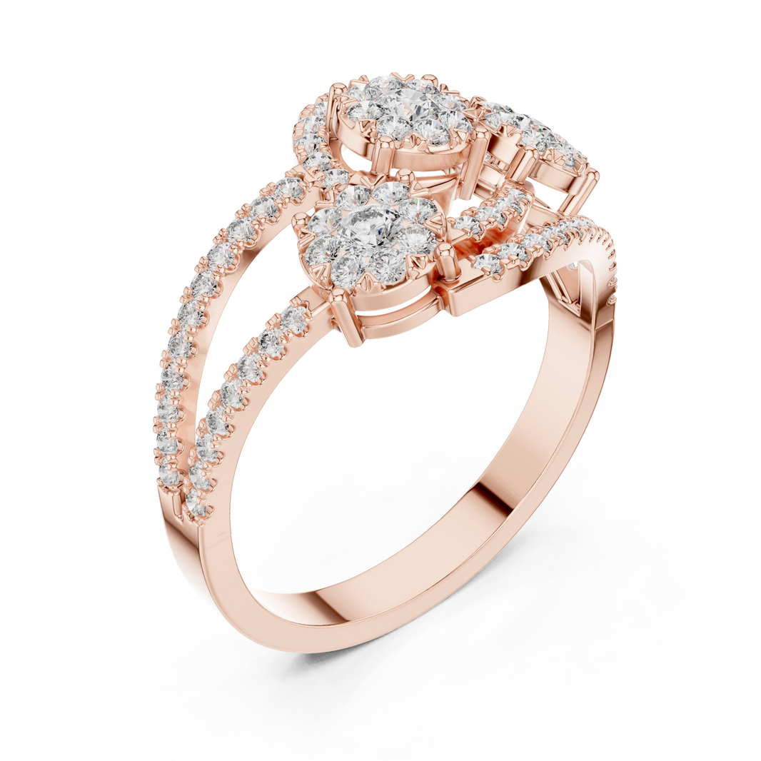 Bypass Three Cluster Pavé Moissanite Ring in rose 925 sterling silver, view 2