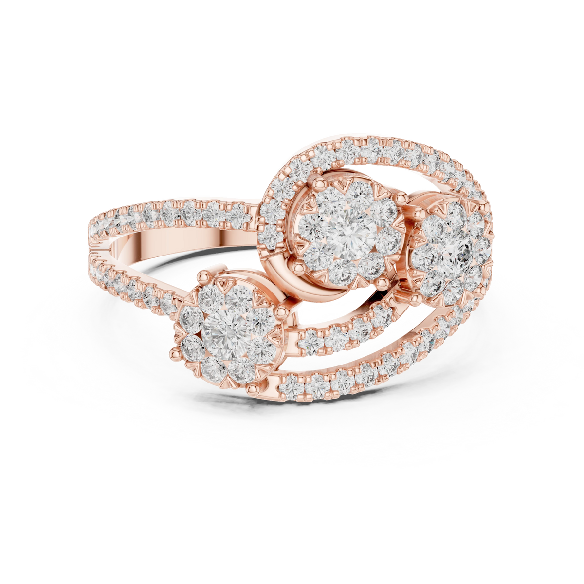 Bypass Three Cluster Pavé Moissanite Ring in rose 925 sterling silver, view 4