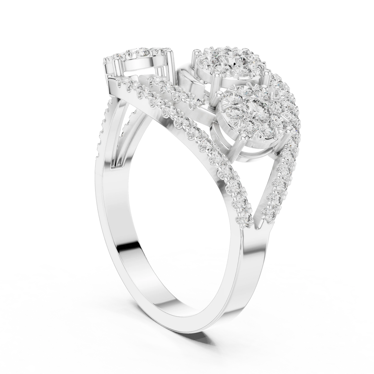 Bypass Three Cluster Pavé Moissanite Ring in white 925 sterling silver, view 1