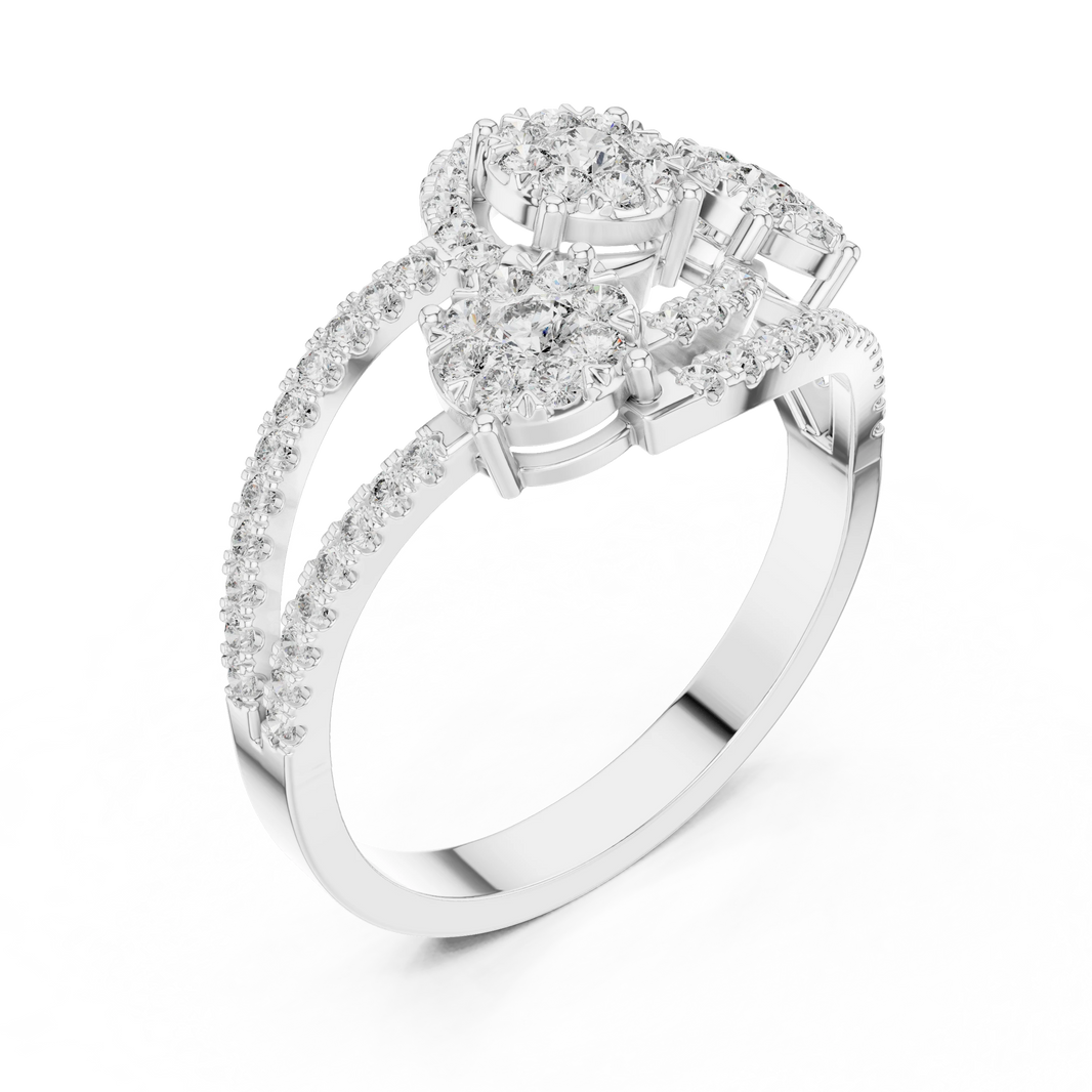 Bypass Three Cluster Pavé Moissanite Ring in white 925 sterling silver, view 2