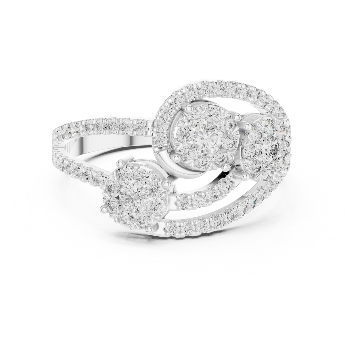 Bypass Three Cluster Pavé Moissanite Ring in white 925 sterling silver, view 4