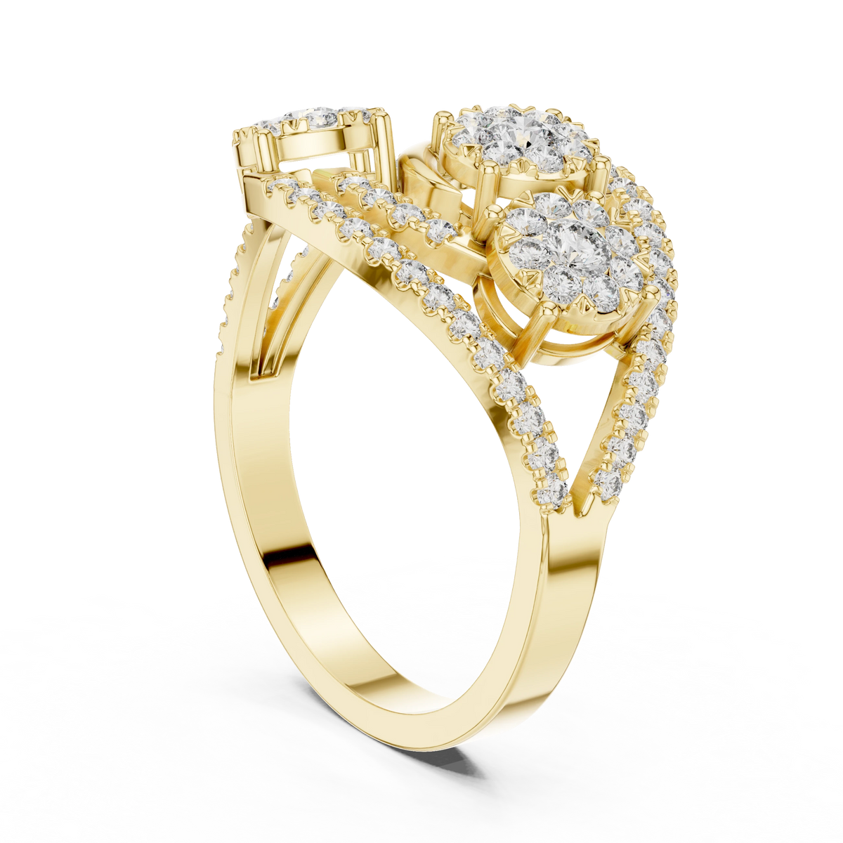 Bypass Three Cluster Pavé Moissanite Ring in yellow 925 sterling silver, view 1