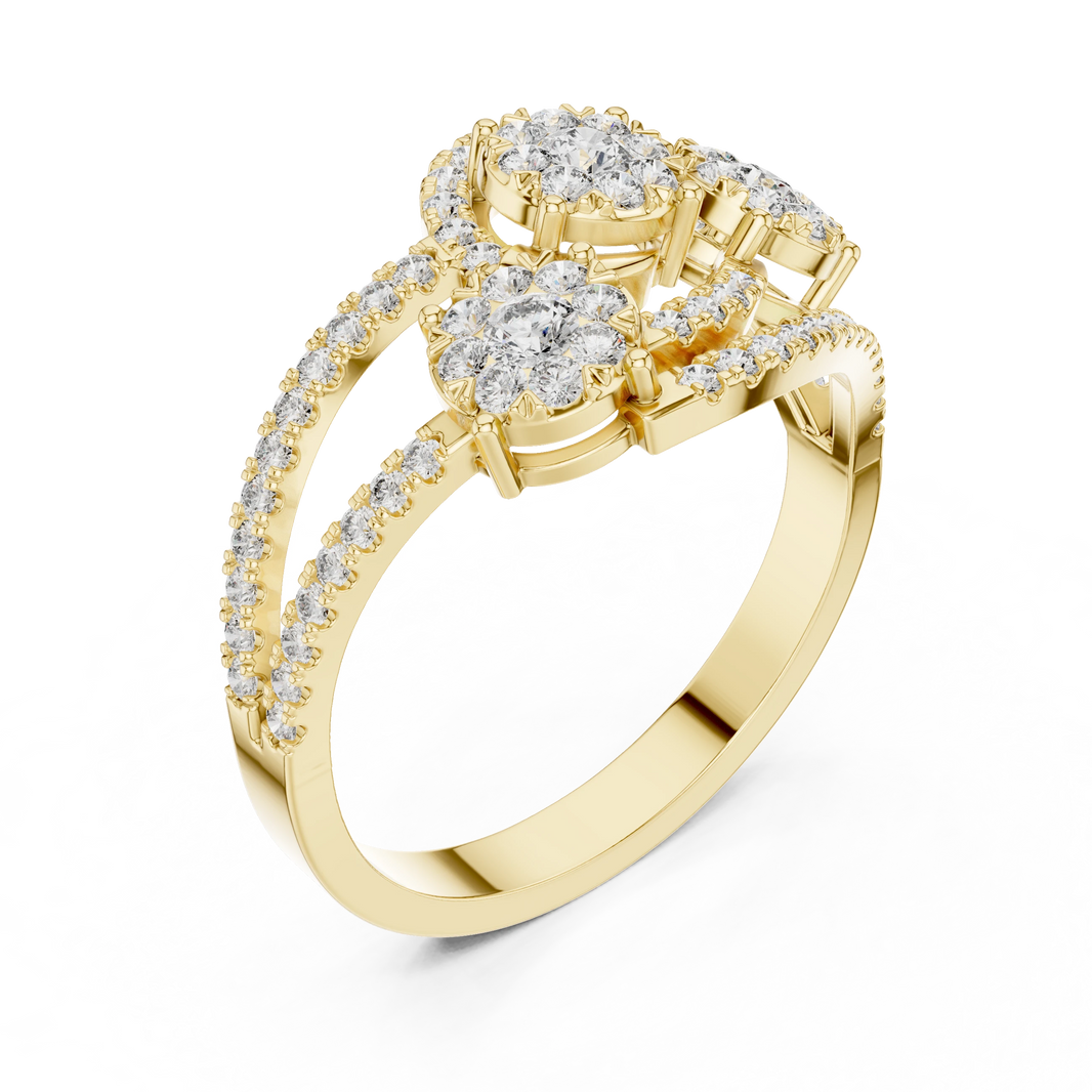 Bypass Three Cluster Pavé Moissanite Ring in yellow 925 sterling silver, view 2
