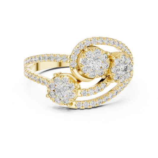 Bypass Three Cluster Pavé Moissanite Ring in yellow 925 sterling silver, view 4