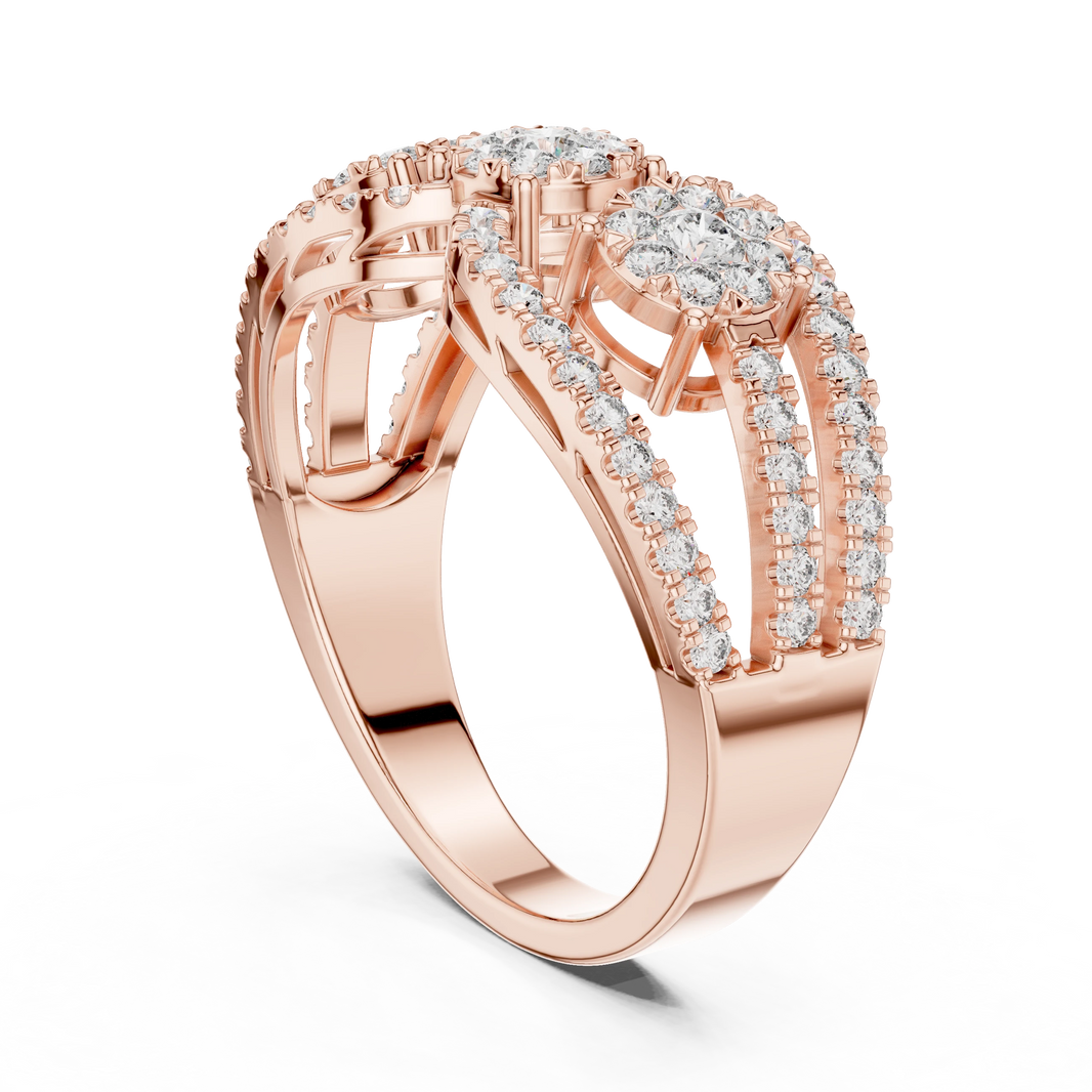 Openwork Three Cluster Pavé Moissanite Ring in rose 925 sterling silver, view 1