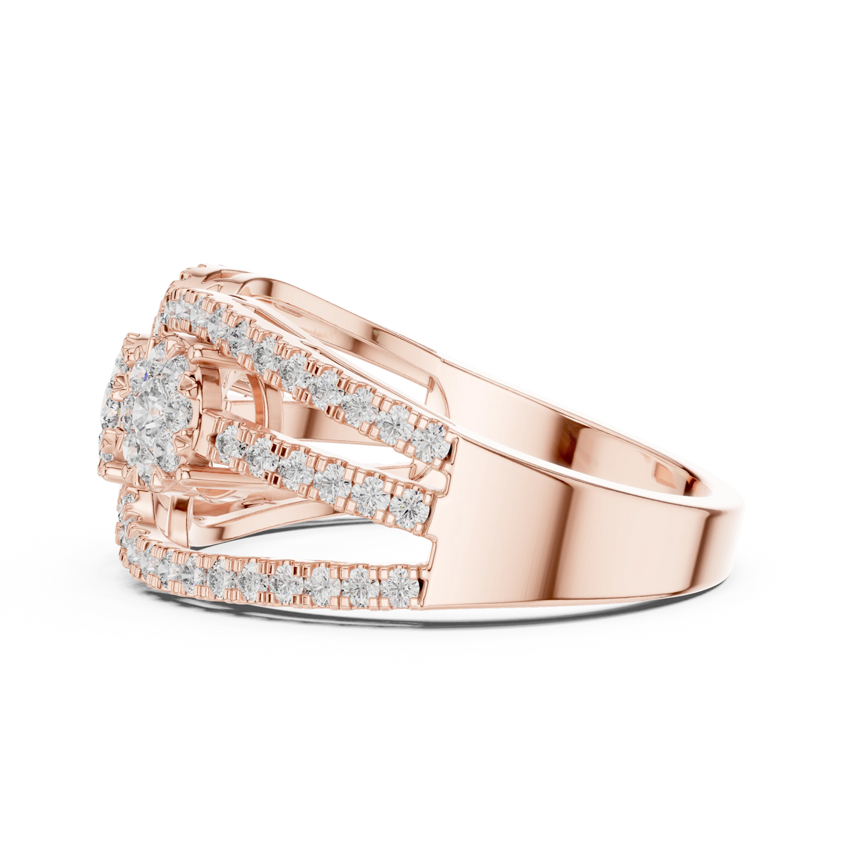 Openwork Three Cluster Pavé Moissanite Ring in rose 925 sterling silver, view 3
