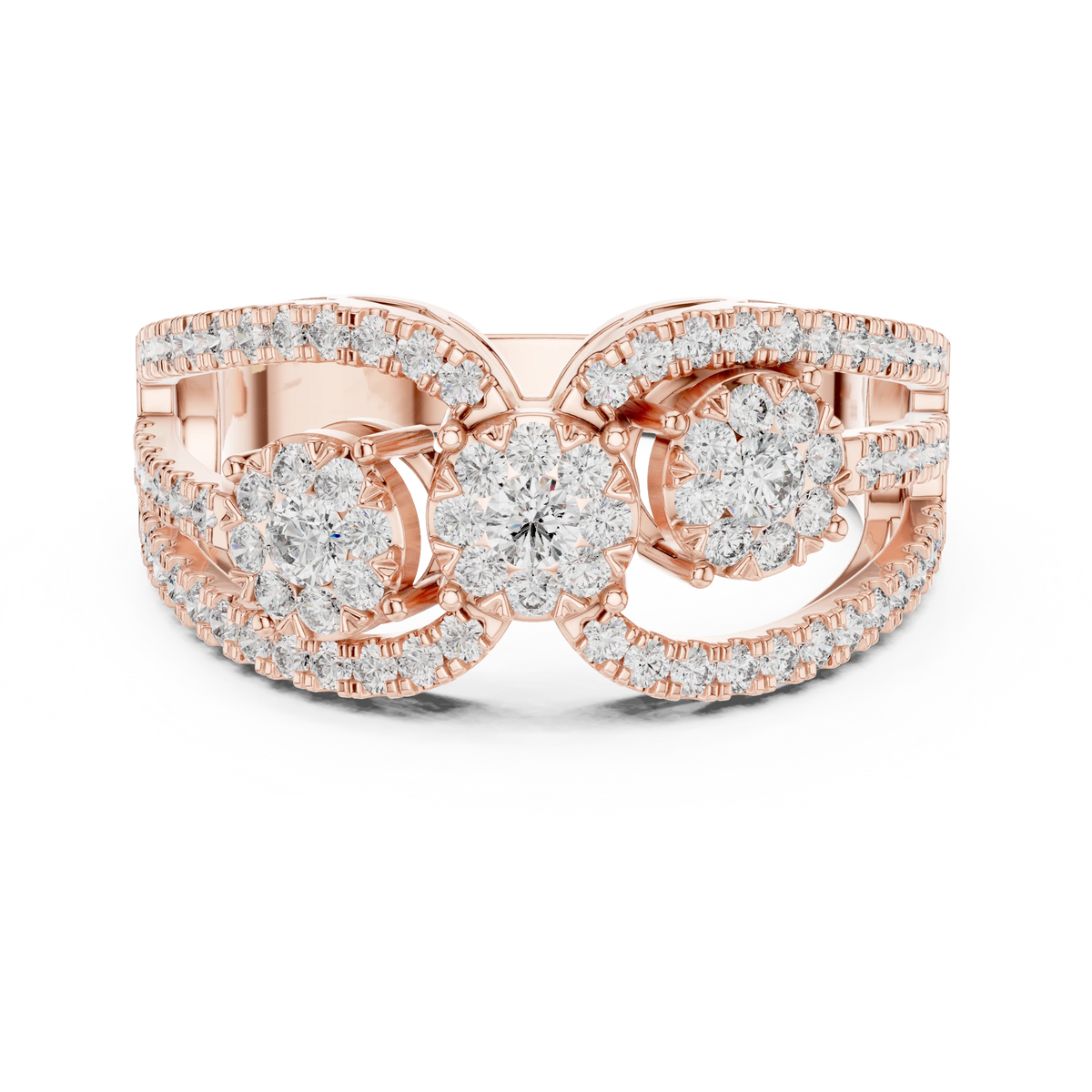 Openwork Three Cluster Pavé Moissanite Ring in rose 925 sterling silver, view 4