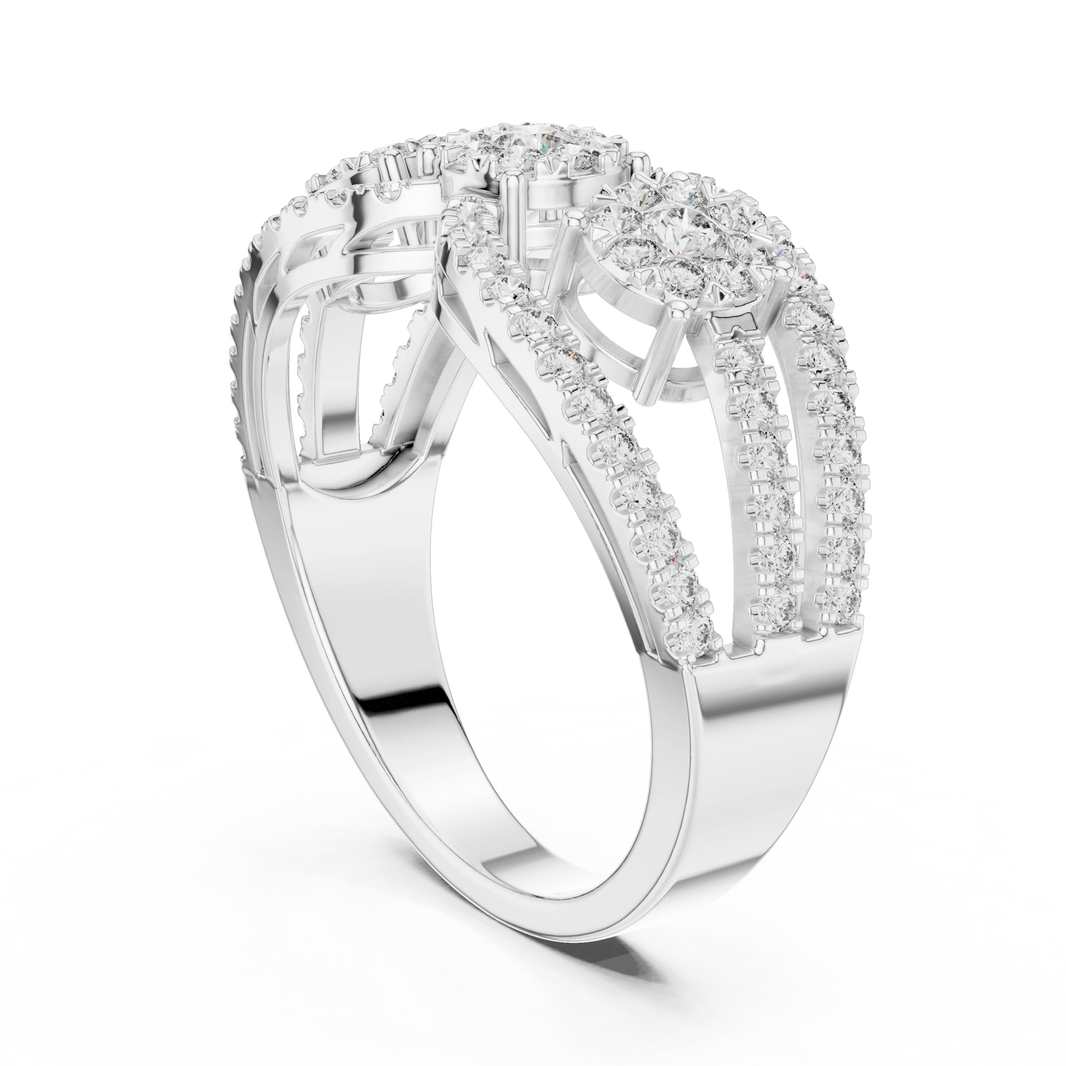 Openwork Three Cluster Pavé Moissanite Ring in white 925 sterling silver, view 1
