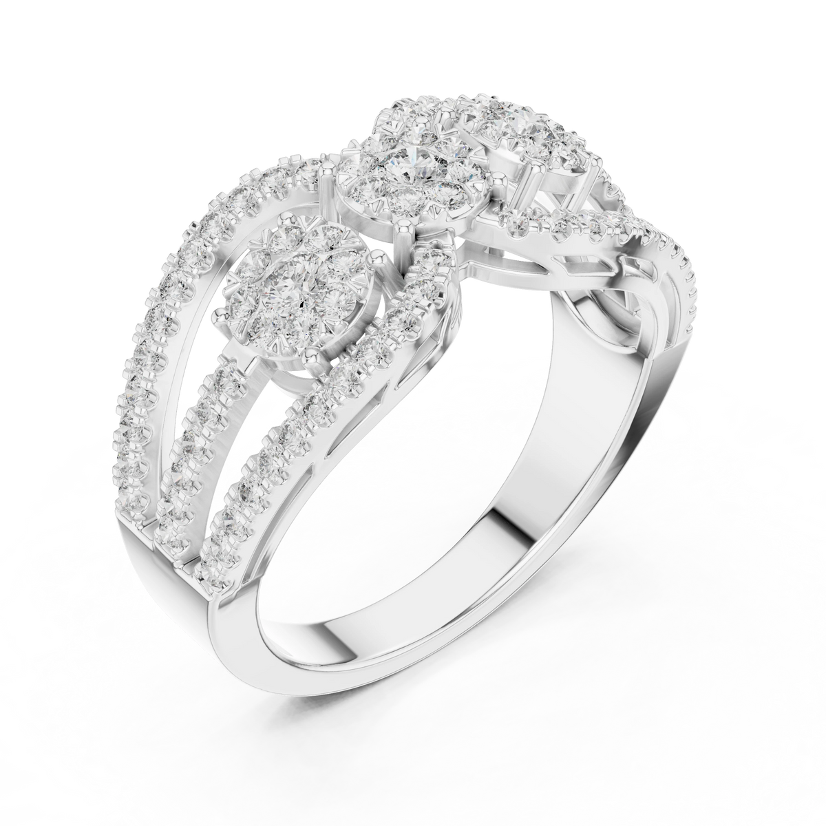 Openwork Three Cluster Pavé Moissanite Ring in white 925 sterling silver, view 2