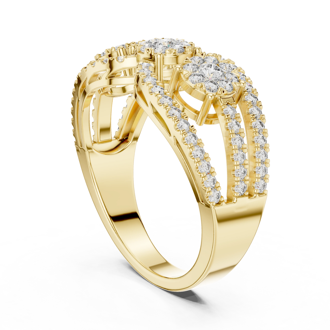 Openwork Three Cluster Pavé Moissanite Ring in yellow 925 sterling silver, view 1