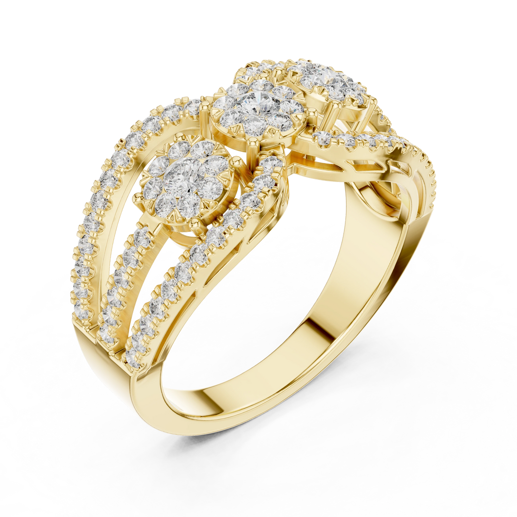 Openwork Three Cluster Pavé Moissanite Ring in yellow 925 sterling silver, view 2