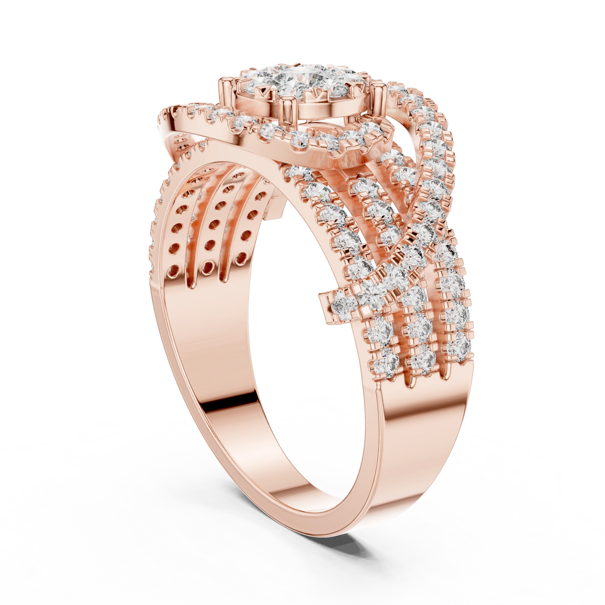 Cluster Halo Crossover Pavé Moissanite Ring in rose 925 sterling silver, view 1