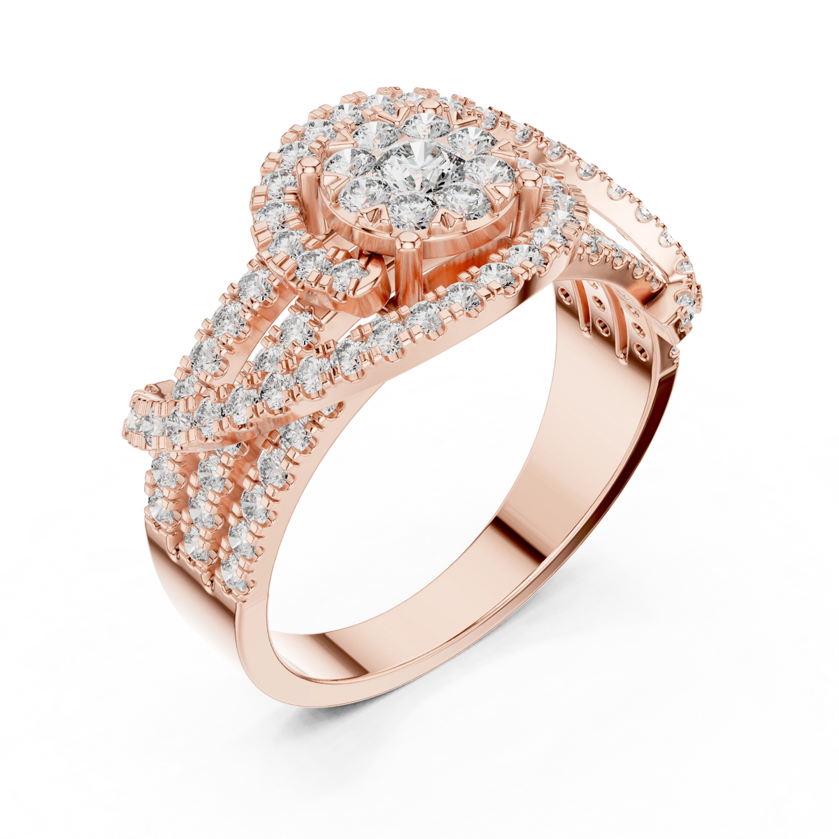 Cluster Halo Crossover Pavé Moissanite Ring in rose 925 sterling silver, view 2